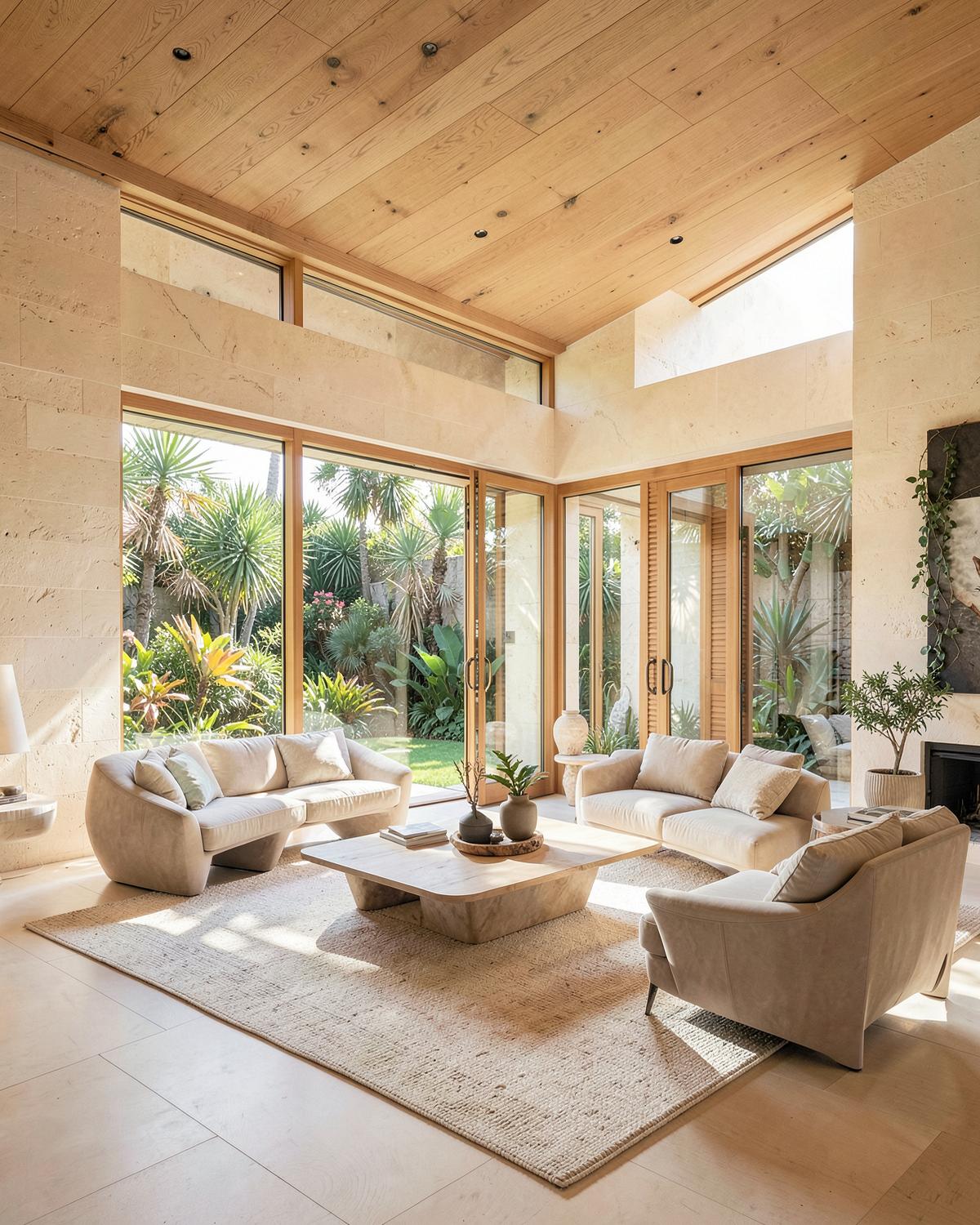 Interior luminoso con vista a un jardín tropical